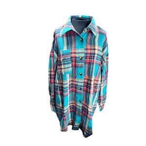 Womens Turquoise & Multicolor Plaid Button-Up Long Sleeve Shirt 2XL Casual Style